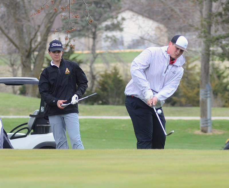 Creston's Chasse Downing chips onto the No. 3 green at Crestmoor Golf Club during Thursday's season-opening dual against Atlantic. Downing shot a 48, second on the team behind Garrett Troutwine's 46.