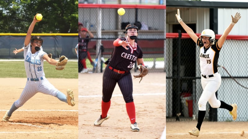 LEFT: East Union’s pitcher Tristan Lear works in the circle against Clarke Saturday. 
CENTER: Creston pitcher Kennedy Strider throws a fielded ball to first Saturday against the Lenox Tigers.
RIGHT: Lenox shortstop Sadie Cox celebrates a grand slam Saturday against Creston.