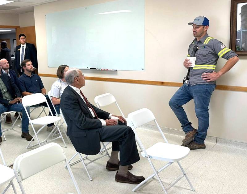 Senator Chuck Grassley speaks with employees at White River Nutrition during his Union County stop in his annual tour of Iowa's 99 counties.
