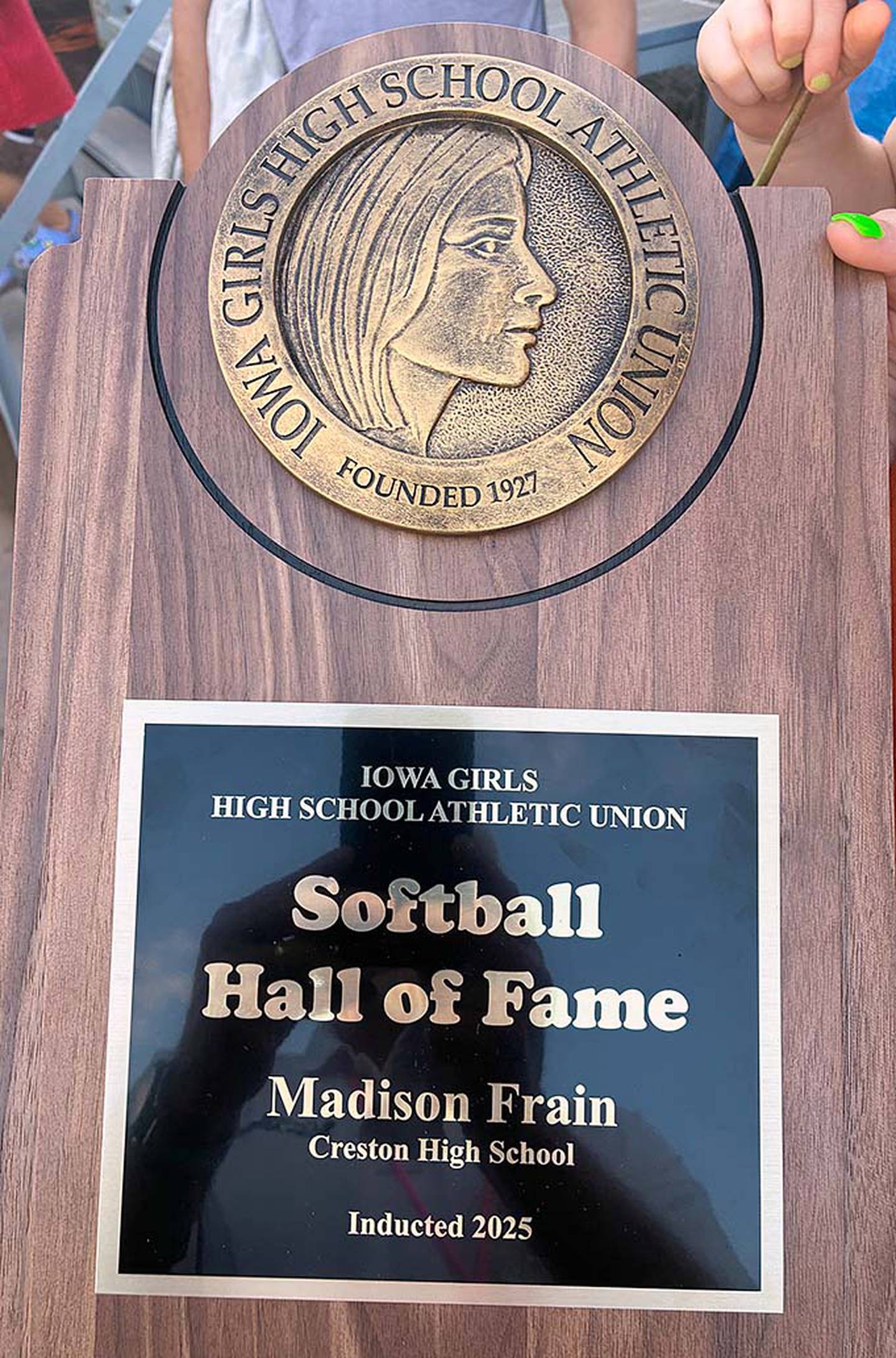 A close look at Madison Frain's Hall of Fame award from the Iowa Girls High School Athletic Union.