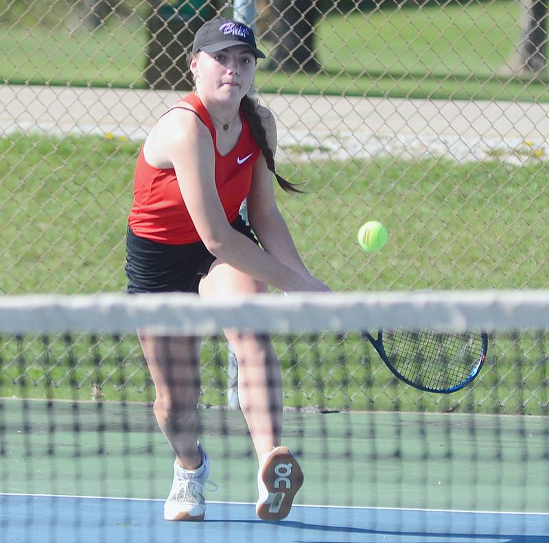 Creston's Hollynn Rieck moves into position to return a shot during her 8-2 singles victory against Chariton. Rieck also teamed with Sasha Wurster for an 8-3 win in No. 1 doubles.
