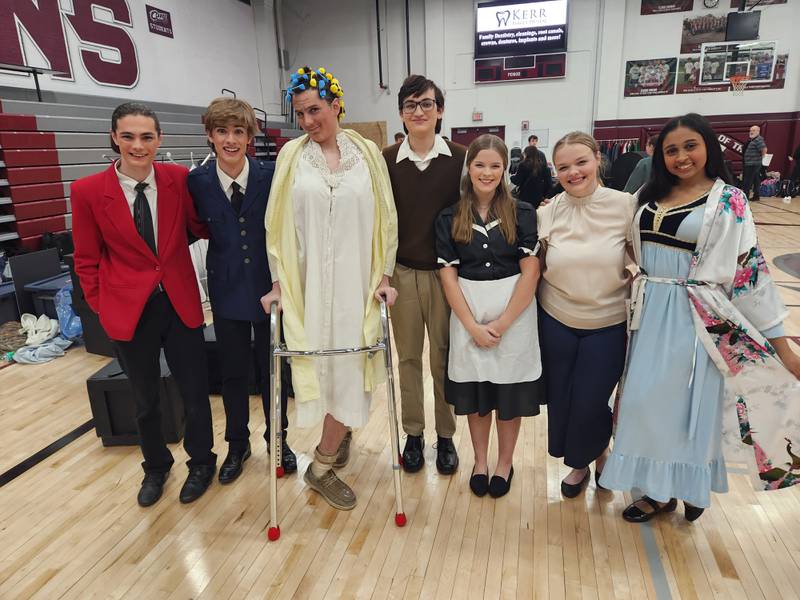 The cast of "The Least Puzzling Case," from left to right: Carson Beer as Narrator, Wyatt Hitz as Policeman, Kylor Budrov as Mrs. Jenkins, Spencer Brown as Father, Lila Berning as Maid, Chaylee Needham as Daughter, Mahi Patel as Mother.