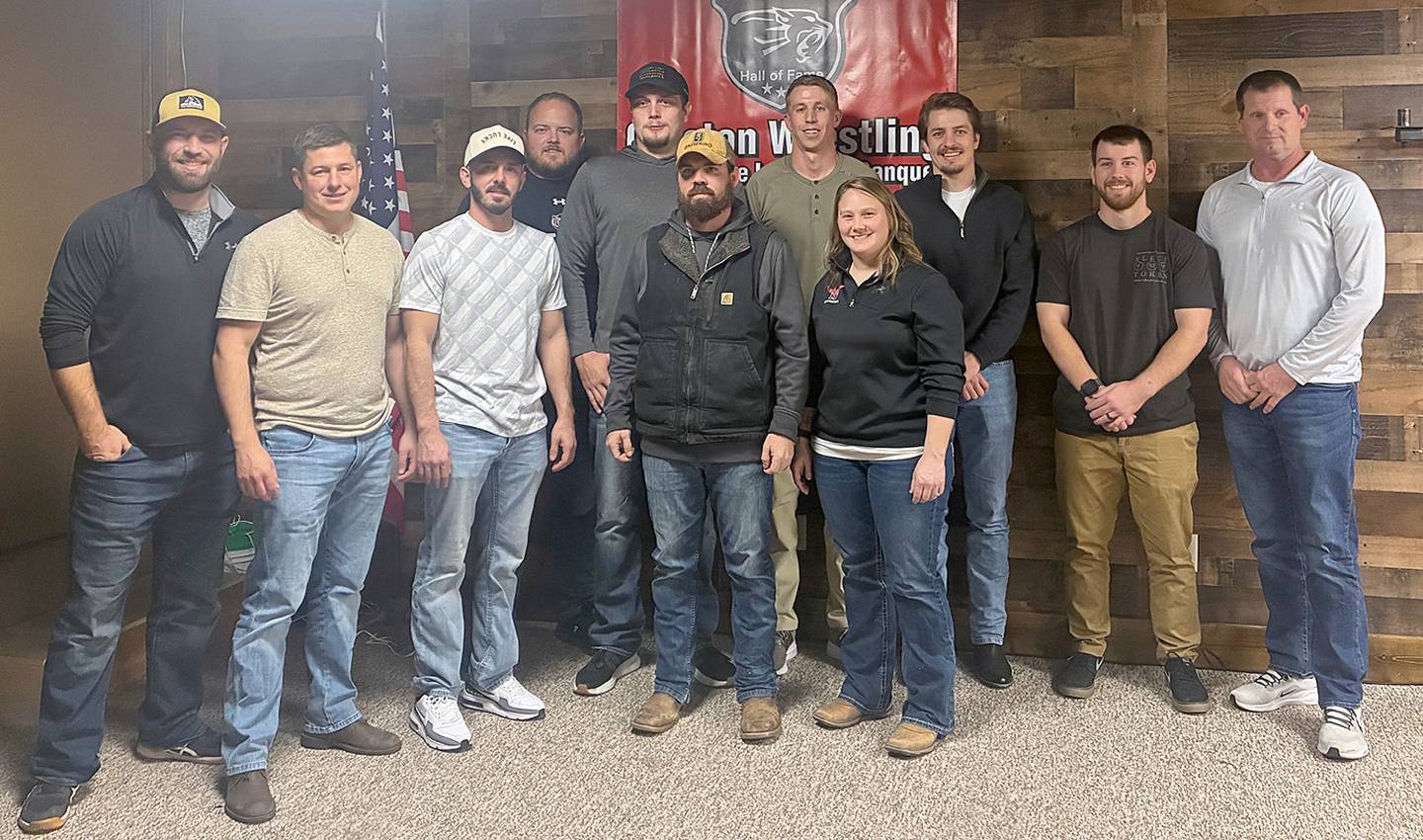 Members from the 2005 and 2015 wrestling teams recognized at Saturday's banquet included from left in front, Trent Tucker, Quin Leith, Tyler Linderman, Bret Kautz and Summer Sistad. Back row, Casey Tanner, Kadon Hulett, Jesse Harris, Cameron Leith, Alex Fargo and coach Darrell Frain.