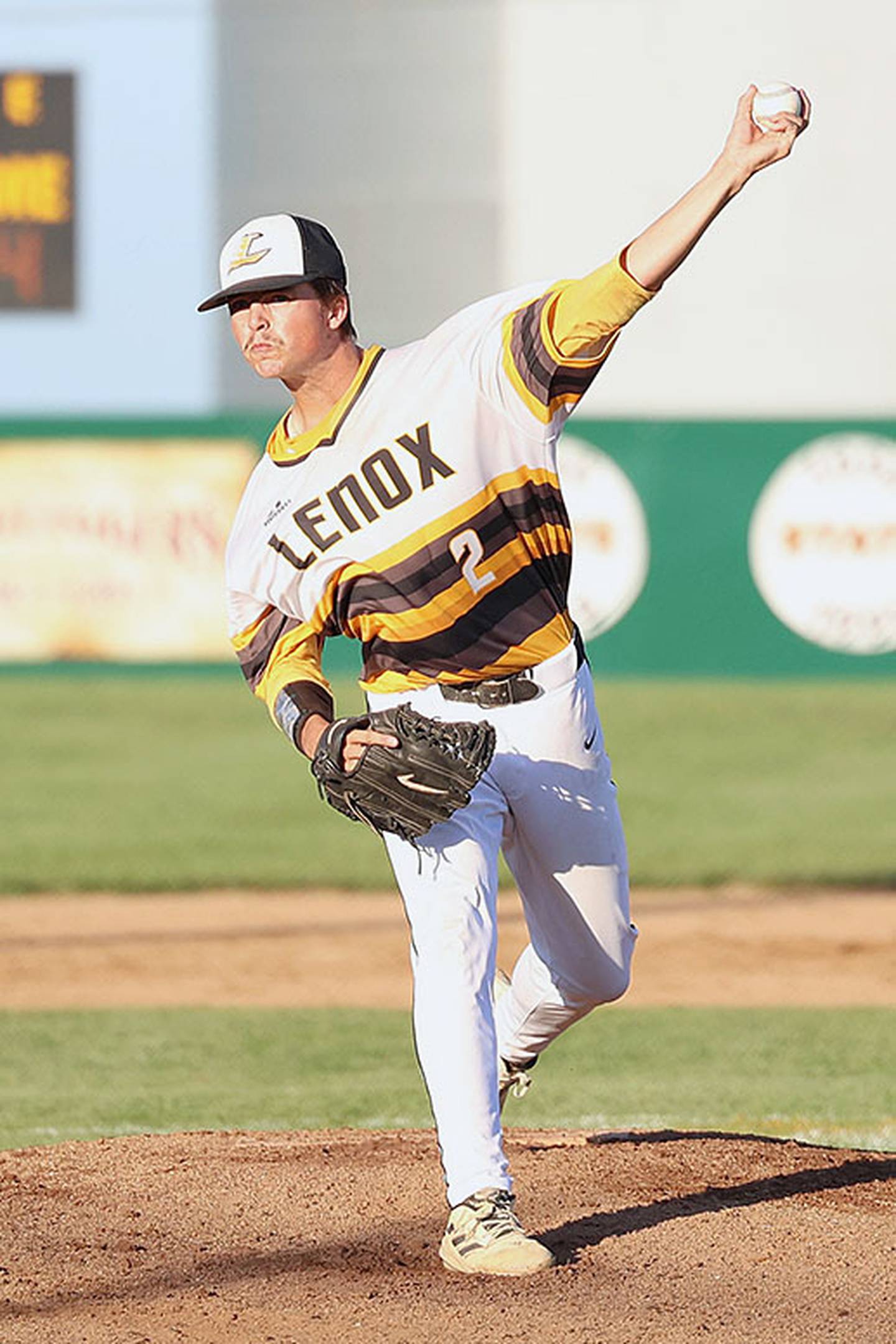 Laramie Stoaks delivers a pitch for Lenox. Stoaks had a 5-1 record and 1.69 ERA with 74 strikeouts in 45 innings. He also batted .400 with 35 RBIs and 41 runs, both among the top 20 in Class 1A. He was named to the all-state third team.