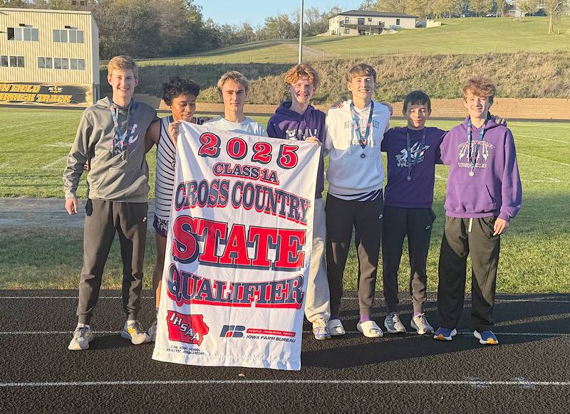 The Nodaway Valley boys cross country team celebrates a state meet berth Thursday, Oct. 23 in Guthrie Center.