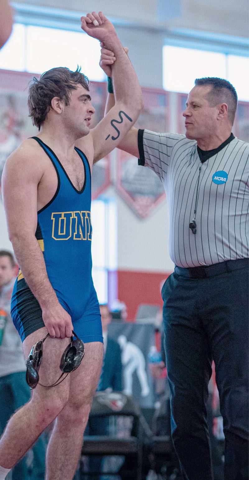 Nebraska-Kearney's Jackson Kinsella of Creston has his hand raise by the official after defeating Tereus Henry of Fort Hays State, 4-1, in the 197-pound finals of the super regional tournament in Gunnison, Colorado.