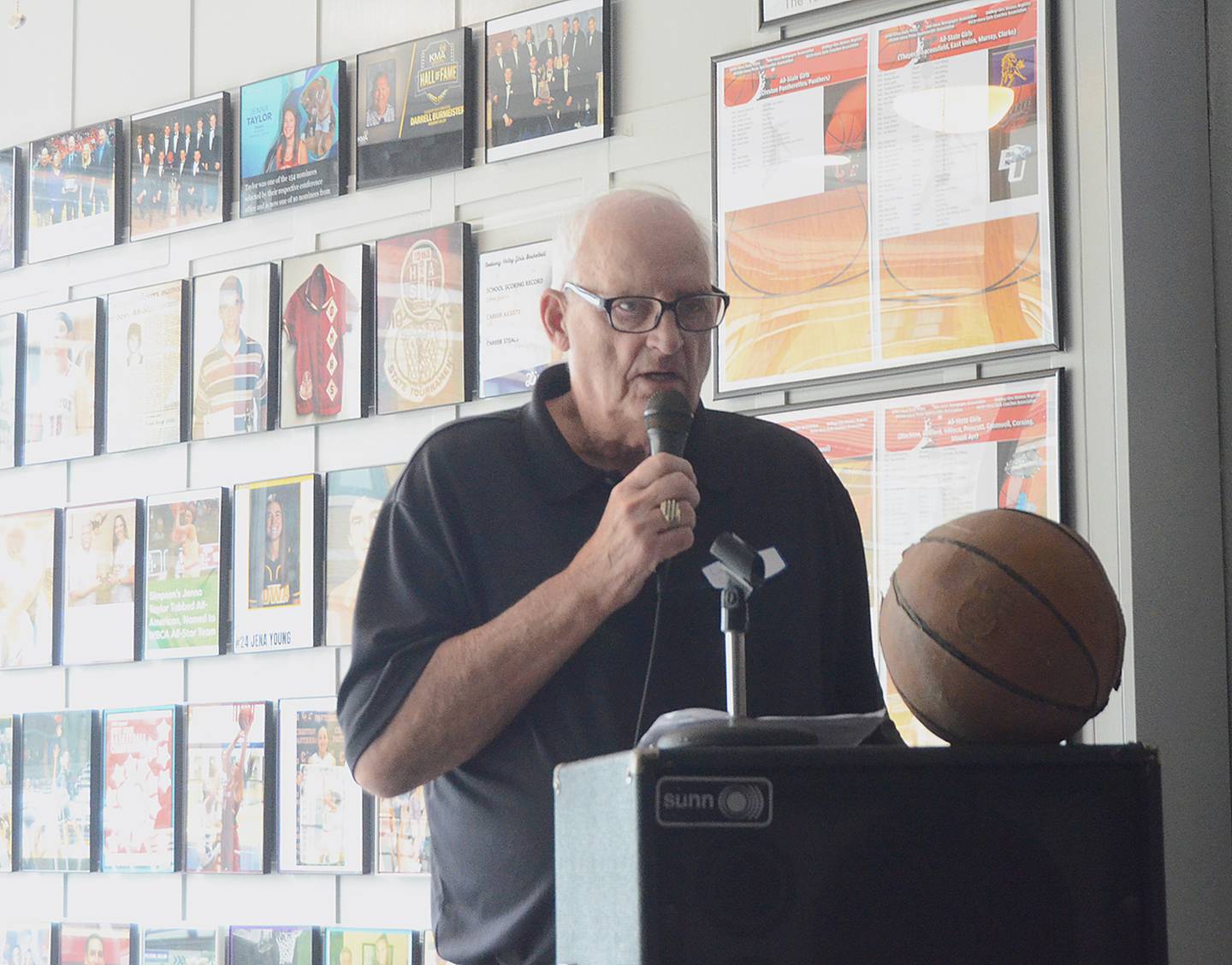 Larry Goodrich was featured speaker at Saturday's basketball event at Anson's Bar and Grill. The 1962 graduate is Creston's oldest living all-state player. His 1961 team lost in the substate final to Manning. The old basketball at the speaker's stand is imprinted from Manning, donated by retired Creston teacher/coach Dick Clark, a Manning native.