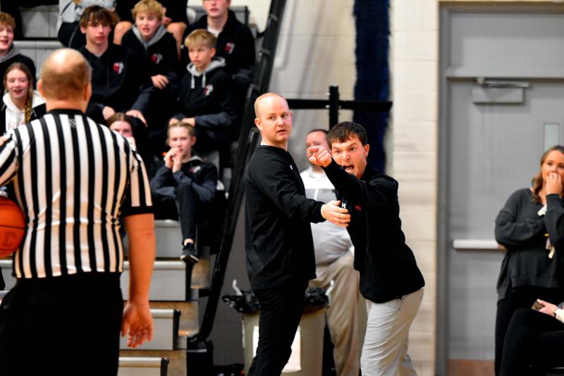Clarinda head boys basketball coach Conner Hanafan yells at the referee Wednesday against Creston after being ejected from the game in the second quarter following two technical fouls for yelling at the referees. The Panthers would go on to win 72-58.