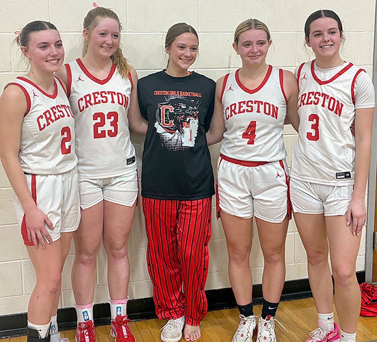 Creston girls basketball seniors shown after their final home game Saturday are, from left, Hollynn Rieck, Brynn Tussey, Kadley Bailey, Ella Turner and Braylee Pokorny.