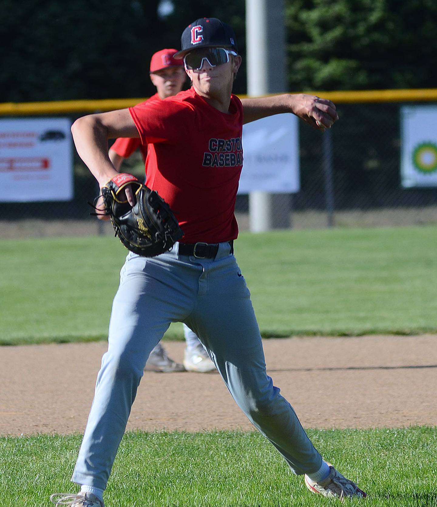 Mason Wilson participates in a defensive drill during practice. Wilson will play some first base when not pitching this season.