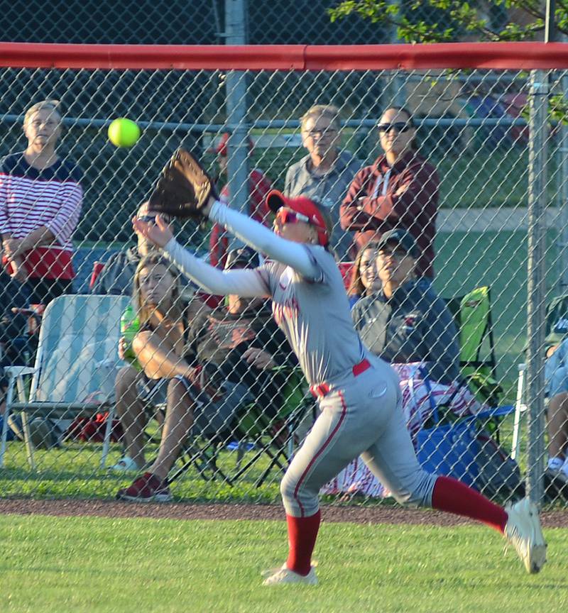 Creston center fielder Jersey Foote makes a running catch of a fly ball to end Clarinda's second inning with two runners on base. Foote also had one hit and an RBI in the 8-7 loss.