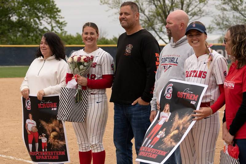 Erika Kruse and Cora Ostrem, two of SWCC’s nine softball sophomores, were honored Sunday between games against Central Community College as a part of sophomore night.