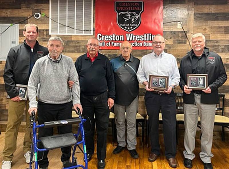 New inductees in the Creston Wrestling Hall of Fame attending Saturday's banquet are, from left, Darrell Frain, Jerry Willets, Ted Willets, Rod Willets, Kim Kirkman and Larry Peterson. Not pictured, Larry Willets.