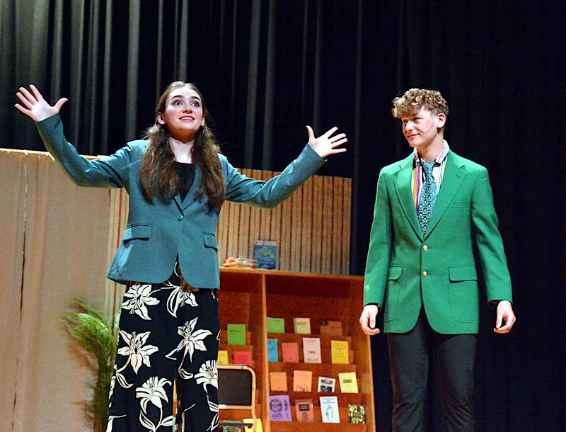 Melanie Kilborn and Lyrick Schwartz rehearse last Saturday morning for this weekend's performances of "Bad Auditions By Bad Actors." There are 7 p.m. shows this Friday and Saturday in the high school auditorium with tickets available on Bound.