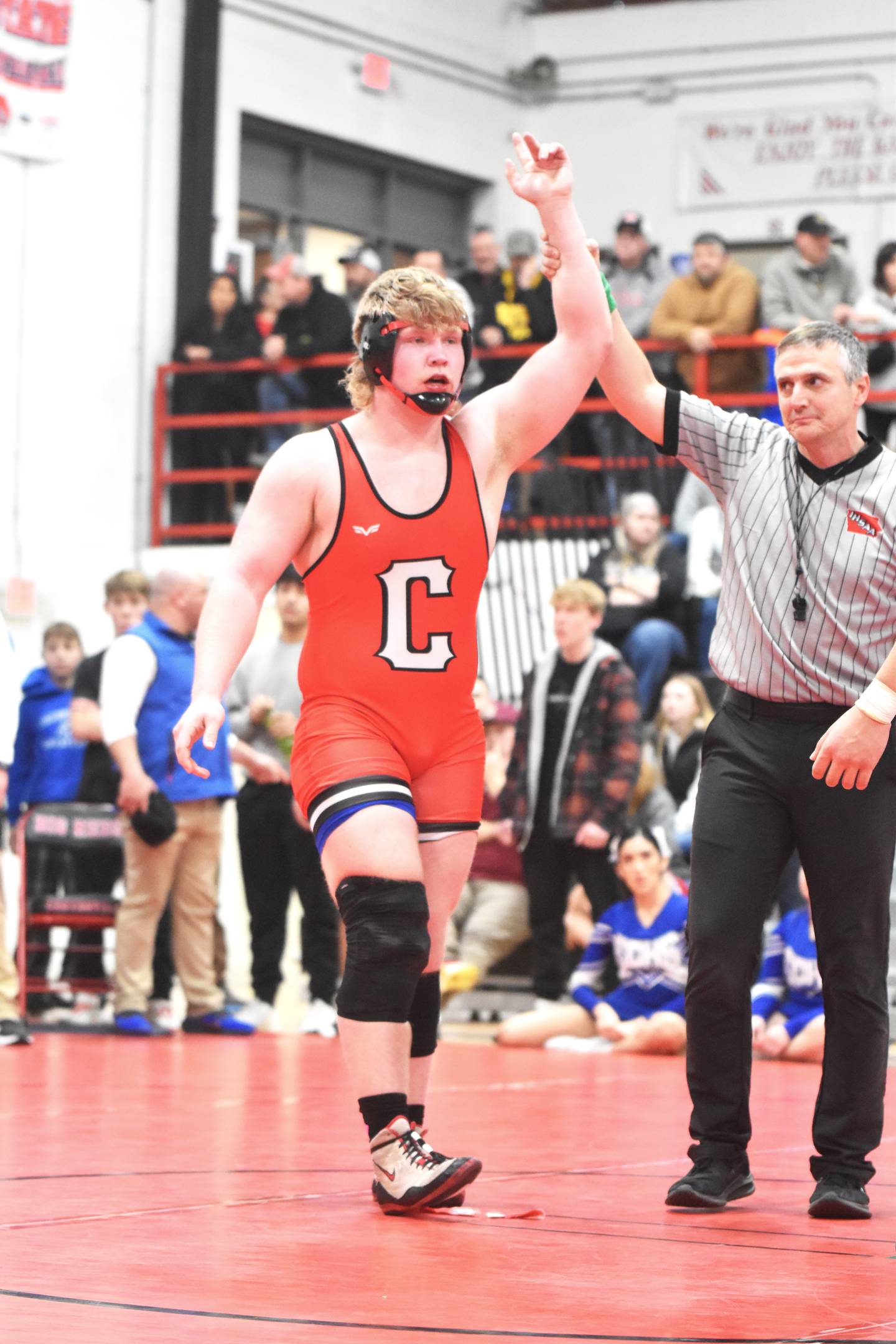 Gunner Martwick is declared the semifinals winner at 215. Martwick took second place to advance to state.