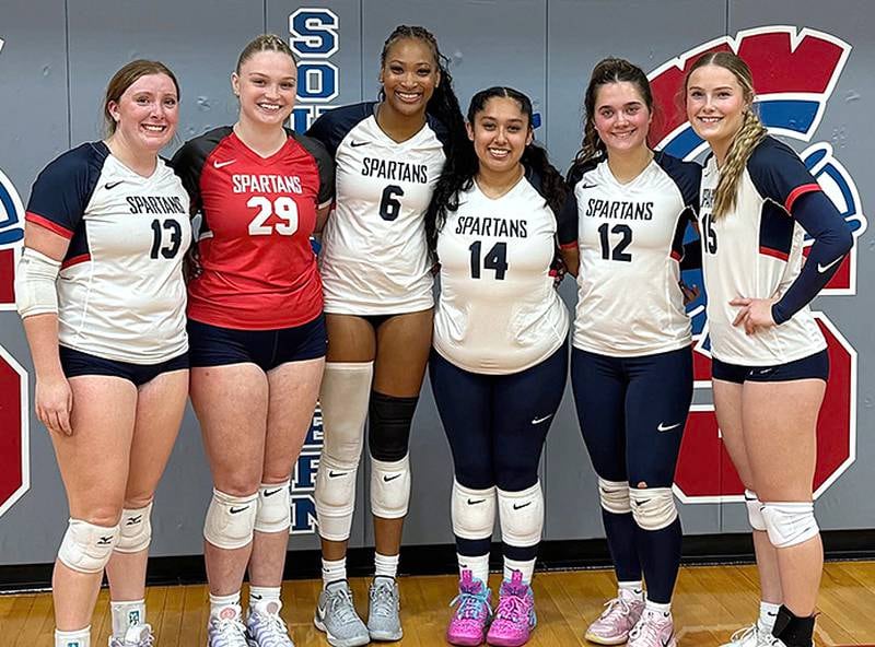 Southwestern sophomores honored prior to Tuesday's match against Western Iowa Tech are, from left, Cadence Perkins, Danica Chamberlain, Skyelar Lawal, Crystle Cordero, Emma Follmann and Abby Eaton.
