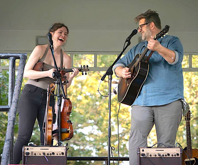 Kathryn Severing Fox, left, and Chad Elliott perform as the Weary Ramblers during a free admission show at Rainbow Park in Creston.