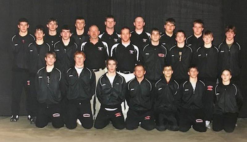 The 2008 Creston/O-M team that placed second in the State Dual Tournament, and scored the highest point total ever for a runner-up team with 139 points in the traditional state tournament. Shown from left in front, Clay Daggett, Kalab Evans, Trent Tucker, Kaleb Livingston, Cort Sandeman, Quin Leith and Summer Sistad. Second row, Zac Leith, Bret Kautz, assistant coach Matt Long, assistant coach Nick Hemann, Todd Ramaeker, Andrew Long and John Young. Back row, Jared Bevins, Tanner Royster, Jesse Harris, head coach Darrell Frain, assistant coach Drew Duff, Ryan Maitlen, Casey Tanner and Brody Jay.