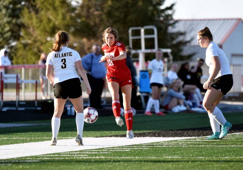 Danica Pokorny kicks the ball between defenders during the 2-1 loss.