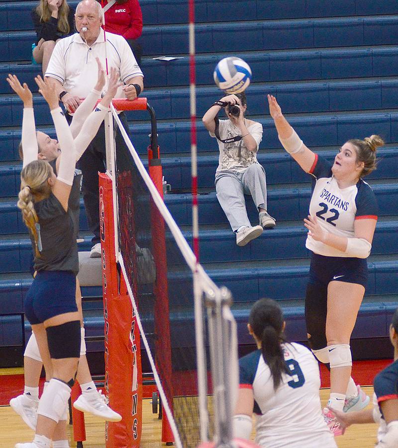Southwestern freshman Danyelle Steinkuehler of Woodbine sends an attack to the Iowa Central court Wednesday.