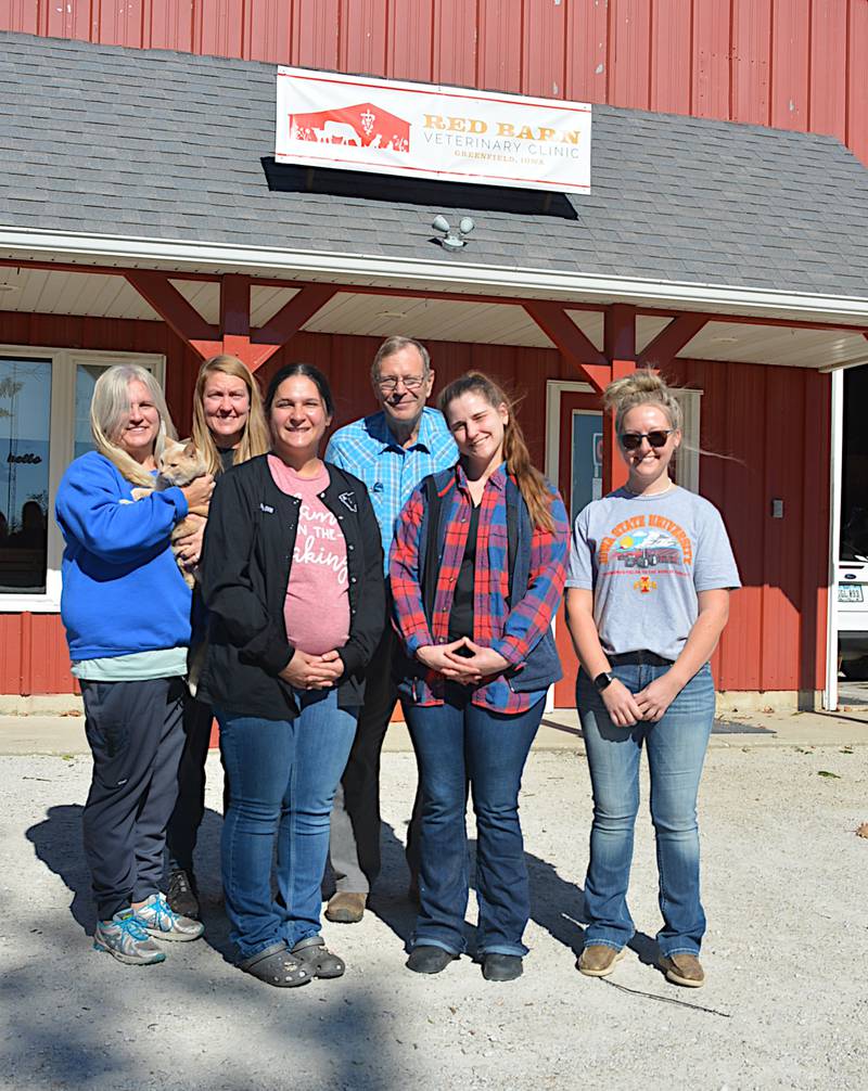 From left, the Red Barn Veterinary Clinic staff includes Amy Hoover, receptionist; Jennifer Hennigar, Registered Veterinary Technician; Dr. Melissa Garcia Rodriguez, DVM and owner; Dr. Gary Schulteis, Associate DVM; Dr. Kailey Clarke, Associate DVM; Erika Christensen, Veterinary Assistant.