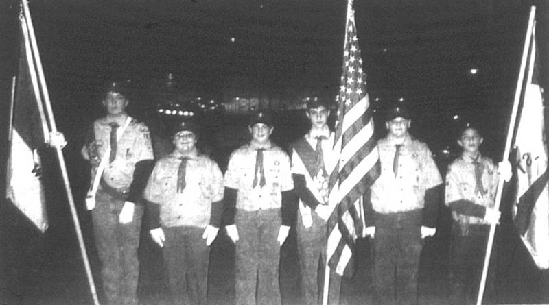 Members of the Creston Boy Scouts Troop 129 present flags Saturday before the Des Moines Parade of Lights celebration, "Fire in the Sky." Attending were, from left, Adam Riley, Jackson Foreman, Travis Kipp, Jeremy Saxton, Brandon Bunker and Codie Cook. (CNA 2004 photo archives)
