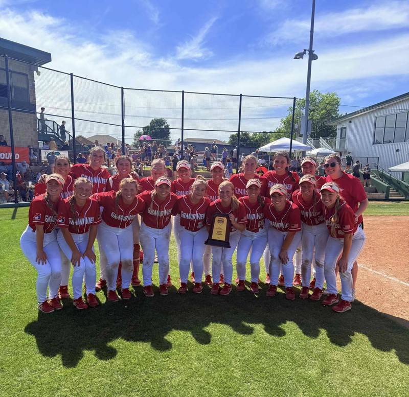 Creston alum Nevaeh Randall (front row, third from right) is headed to the NAIA World Series with the Grand View University Vikings after they fended off the No. 1 ranked team in the country twice in three contests.