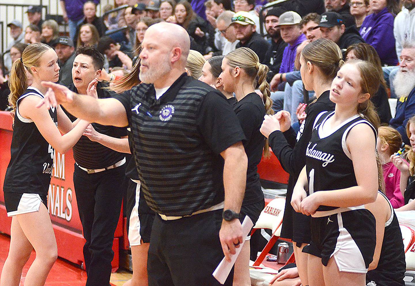 Nodaway Valley coach Brian Eisbach gives directions in the fourth quarter of Friday's regional game.