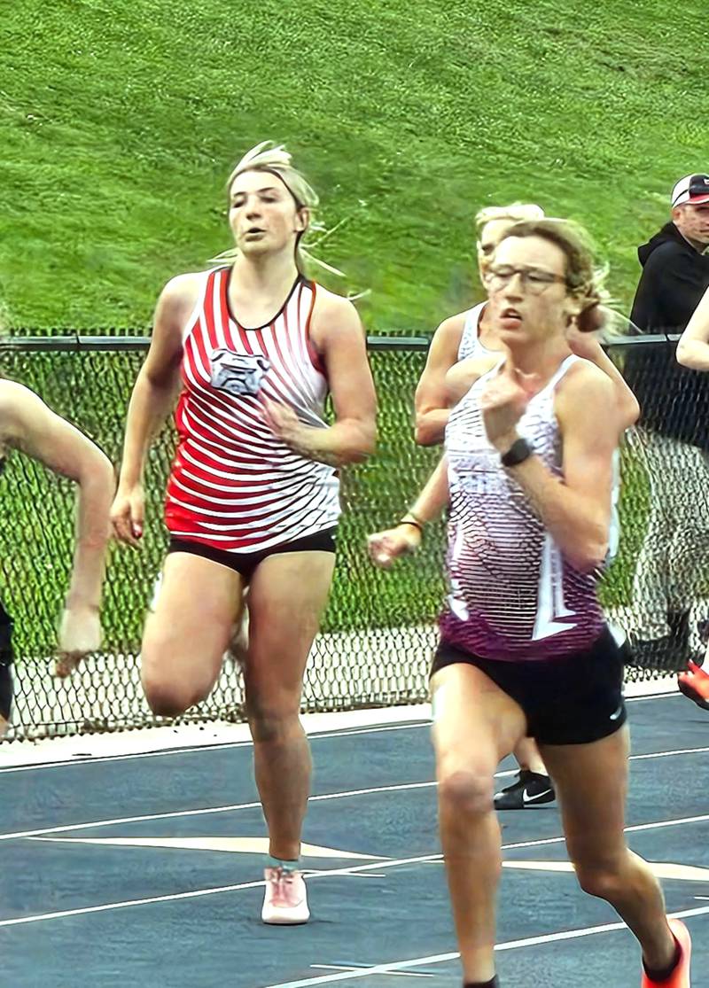 Orient-Macksburg junior Emma Boswell runs in a sprint race for the Bulldogs in the Bluegrass Conference meet at Graceland University in Lamoni.