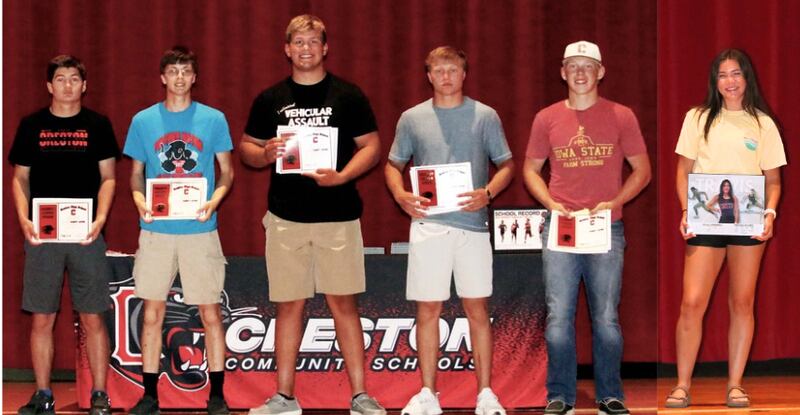 The 2024 Creston track and field seniors. From left, Brandon Briley, Anthony Eblen, Quinten Fuller, Austin Evans, Milo Staver and Grace Travis. The six were honored Sunday at the track banquet.