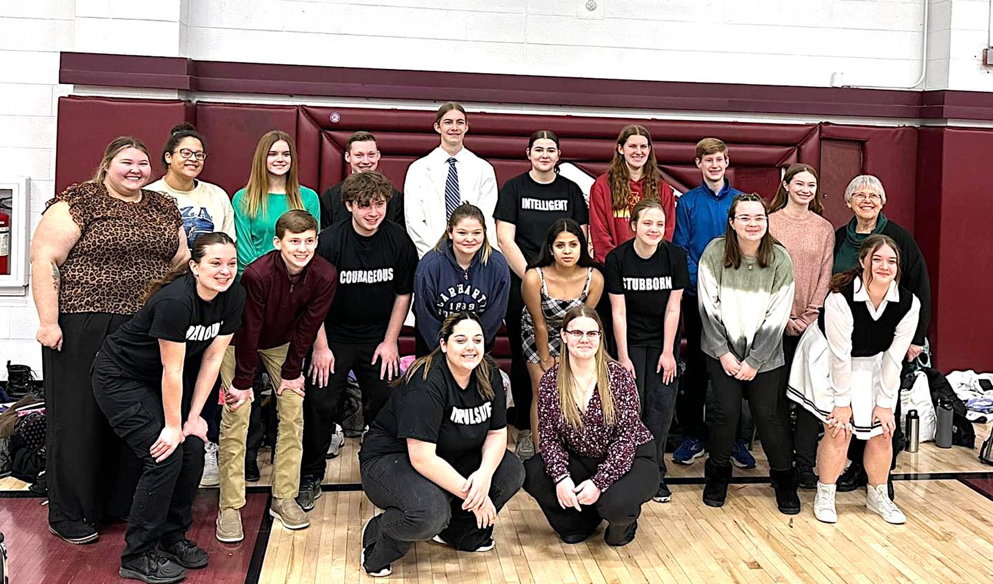Large group speech participants at a recent district contest at Clarke High School in Osceola were in front from left, Kayden Siegwarth and Ashlyn Beaman; second row: Caroline Britten, Paul Kading, Josh Cronk, Amber Breece, Brianna Gonzalez, Taylor Van Otterloo, Allyson Pickrell, Elaina Stuva; back row: Coach Lauren Huff, Bella Hogan, Kacie Ford, Jack Jensen, Malachi Broers, Addie Stringer, Megan McCall, Luke Kading, Carli Stuva and Coach Brenda Plymesser. Not pictured is Brailyann Coffman.