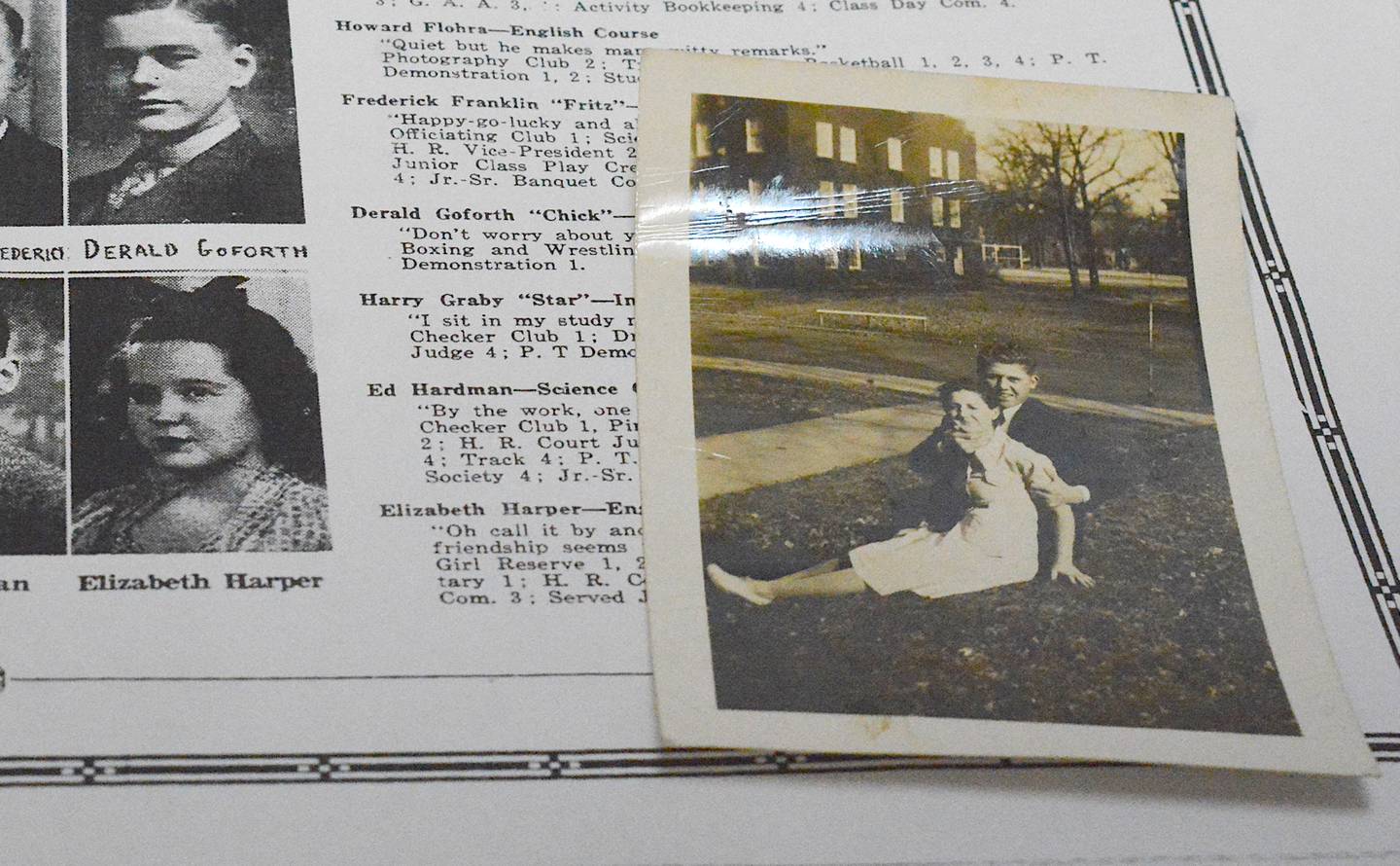 Elizabeth Harper's portrait, published in the Creston Arrow in 1940, and a picture of Jim McCracken and an unknown woman at Drake University. There's conflicting beliefs if the unknown woman is Elizabeth.