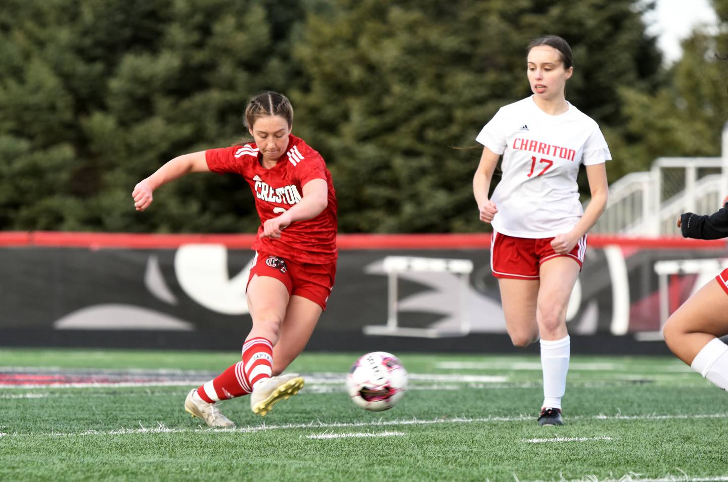 Creston senior Alyssa Gerdes launches a ball for the goal Tuesday.