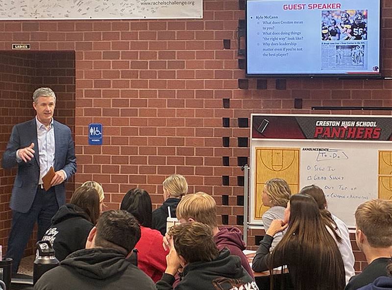 Former Creston standout Kyle McCann speaks to students in a new CHS leadership class. McCann was the scoring leader on Creston's 1997 state championship basketball team and was an all-state quarterback before playing at the University of Iowa. He is now an attorney for Wright Service Corp. in West Des Moines.