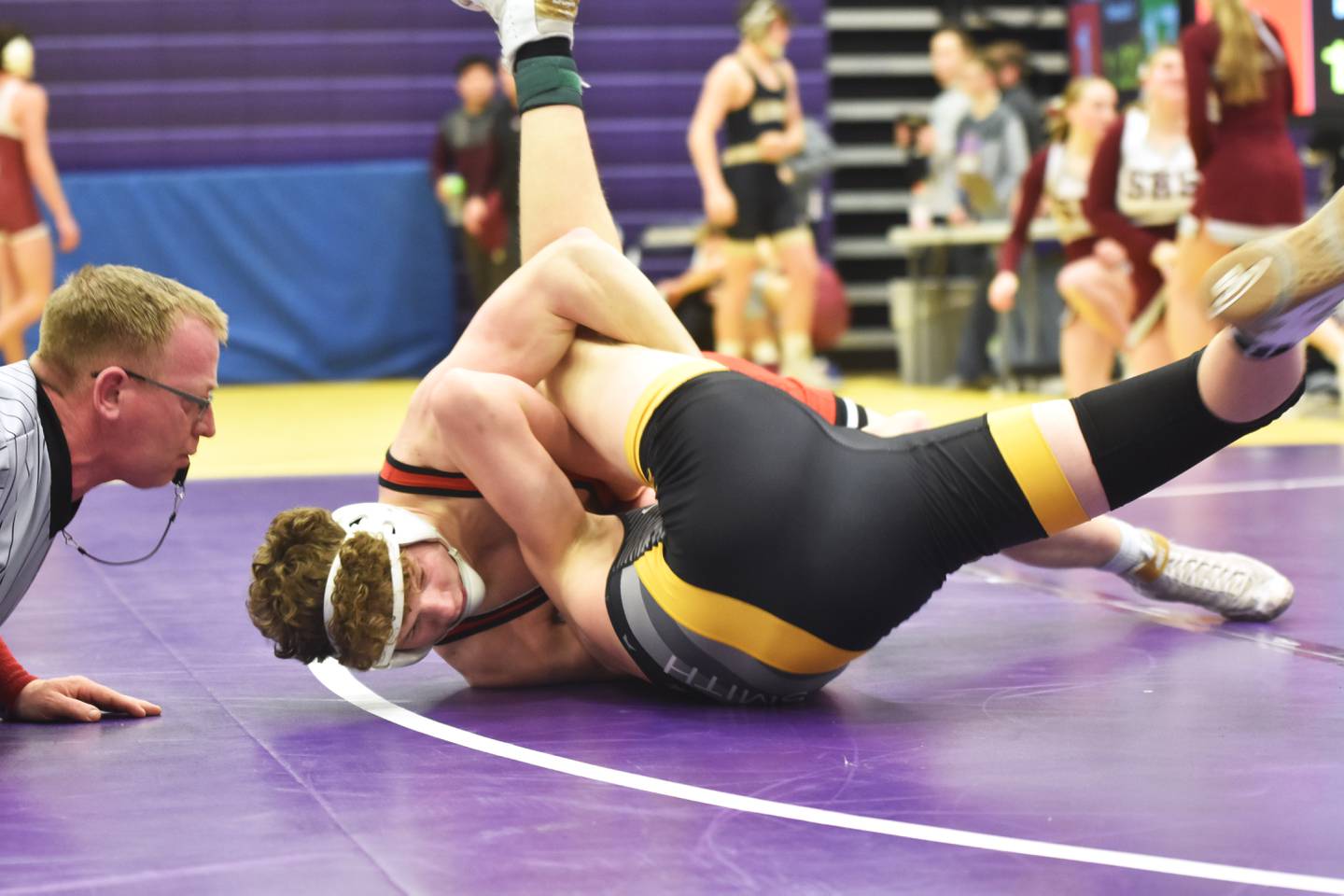 Creston’s Jackson Pettegrew gets Dreven Smith of Atlantic in position for a pin in the 157-pound third-place match.