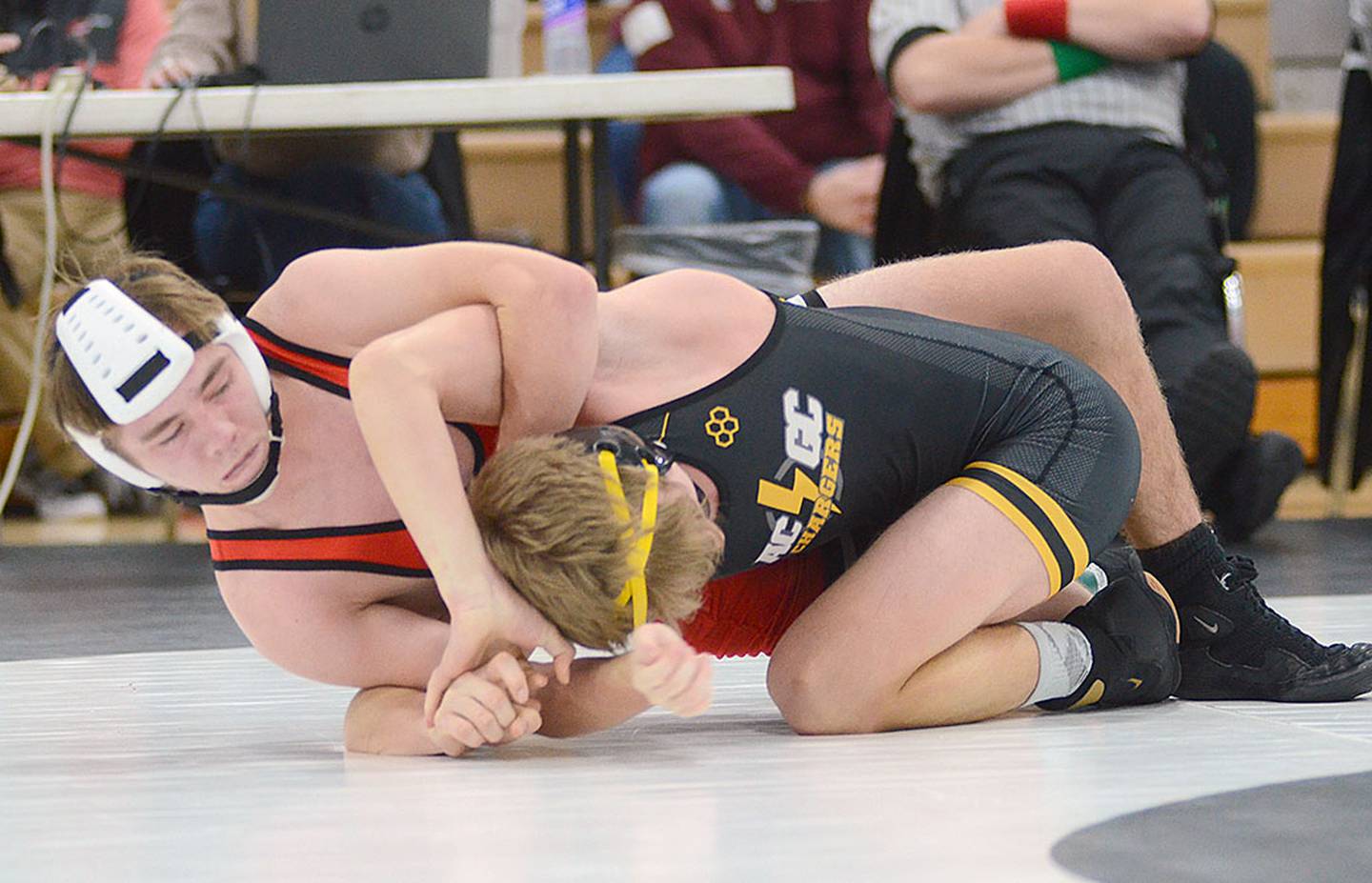 Creston's Kylen Parsons works for nearfall points during his fifth-place match against Chase Slaybaugh of AC/GC. Parsons won by a fall in 3:30.