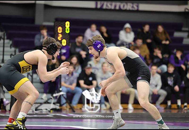 Nodaway Valley alum Elliot Cooney (right) wrestles an opponent from UW-Oshkosh in a dual meet Feb. 6 at home. Cooney recently finished his senior season wrestling for Cornell College in Mount Vernon.