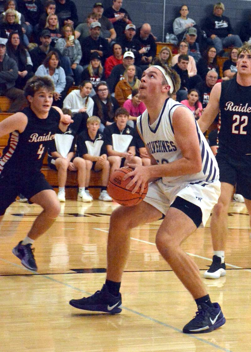 Nodaway Valley senior Parker Schneider puts the brakes on for a fast break basket in last Tuesday's home game with Mount Ayr.