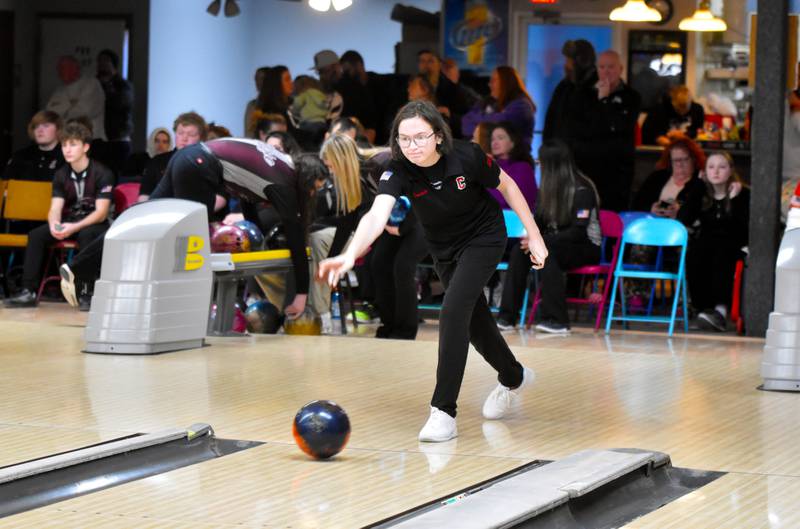 Creston bowler Olivia Coenen competes at Alley Bowl in Osceola last season. The bowling alley was devastated in a fire early Sunday morning.