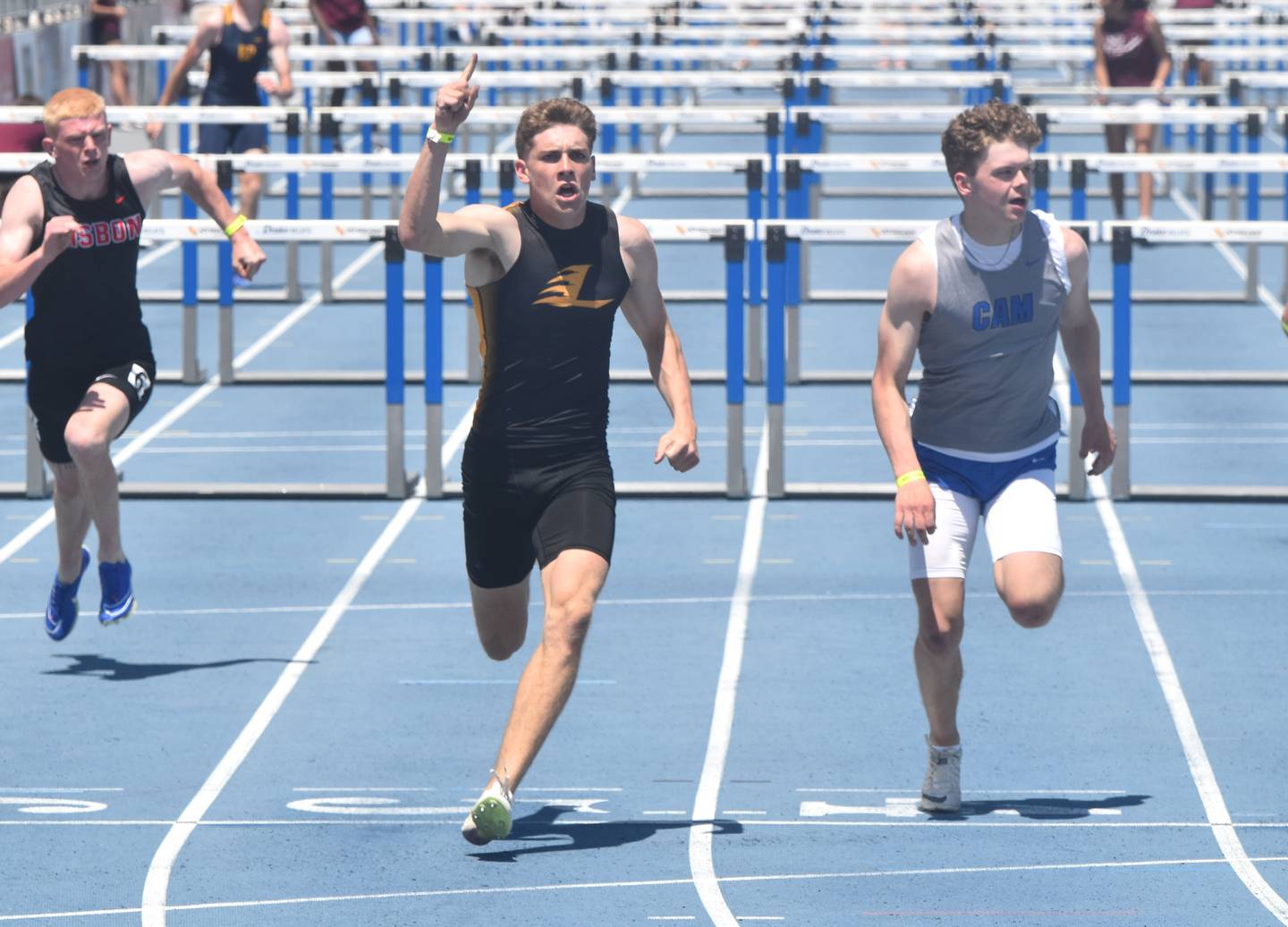 Gabe Funk - first in 110 hurdles, shuttle hurdle relay. Second in 400m hurdles, sprint medley relay.