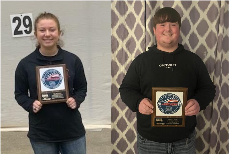 Creston seniors Abby Collins and Thayer Rooney display their Archery State Tournament awards from March 1-3. The two will be competing in May in Louisville, Kentucky for the national competition.