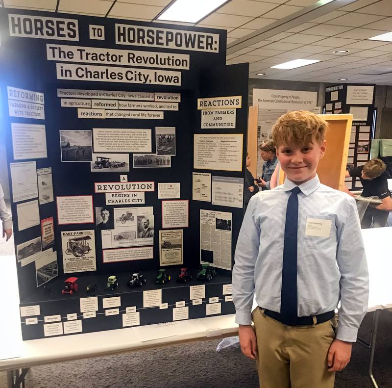 Nodaway Valley sixth grader Max Mensing, of Greenfield, with his National History Day poster "Horses to Horsepower." It has earned him a trip to Washington, D.C. June 14-18 to compete at the national level of the contest.