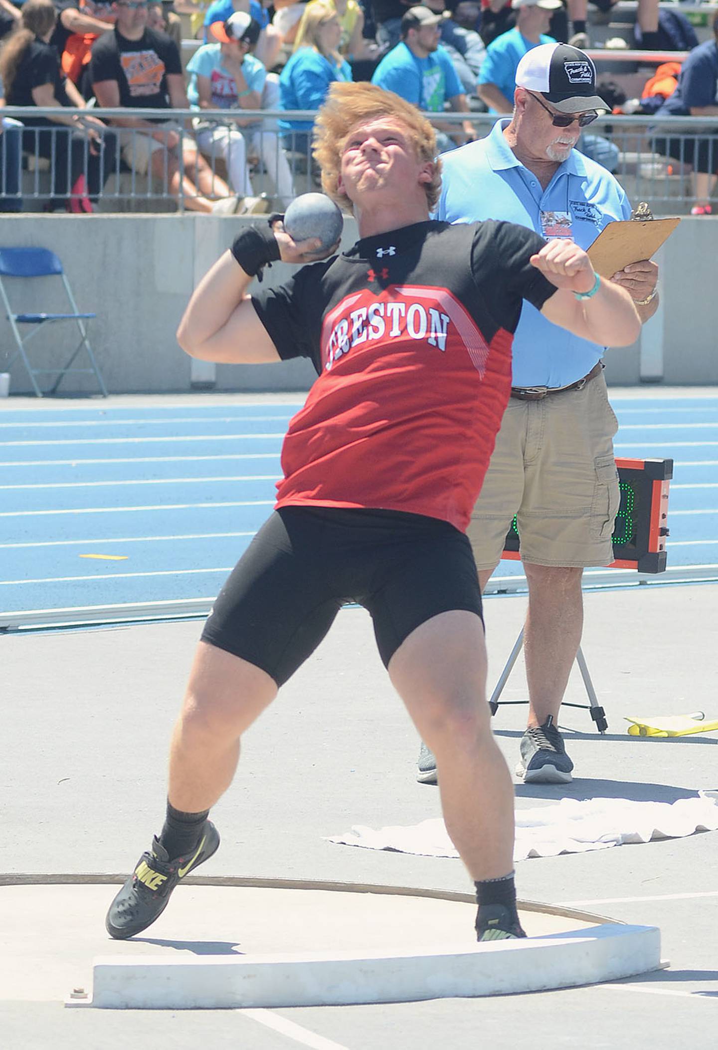 Tom Mikkelsen of Creston throws the shot put at the state meet Friday. Mikkelsen placed seventh at 53-2.75.