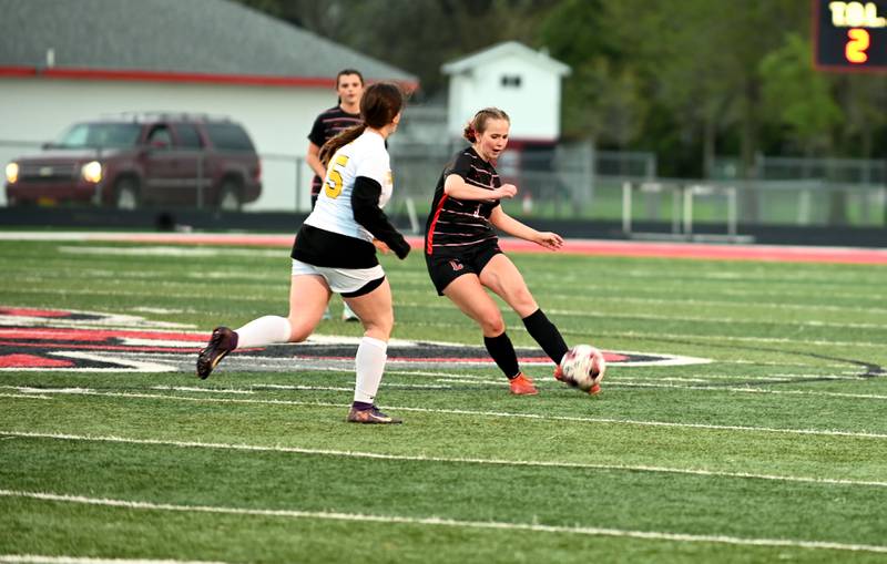 Claire Ralston launches a ball downfield Friday at home in the first half against Winterset. The Panthers won 2-1.