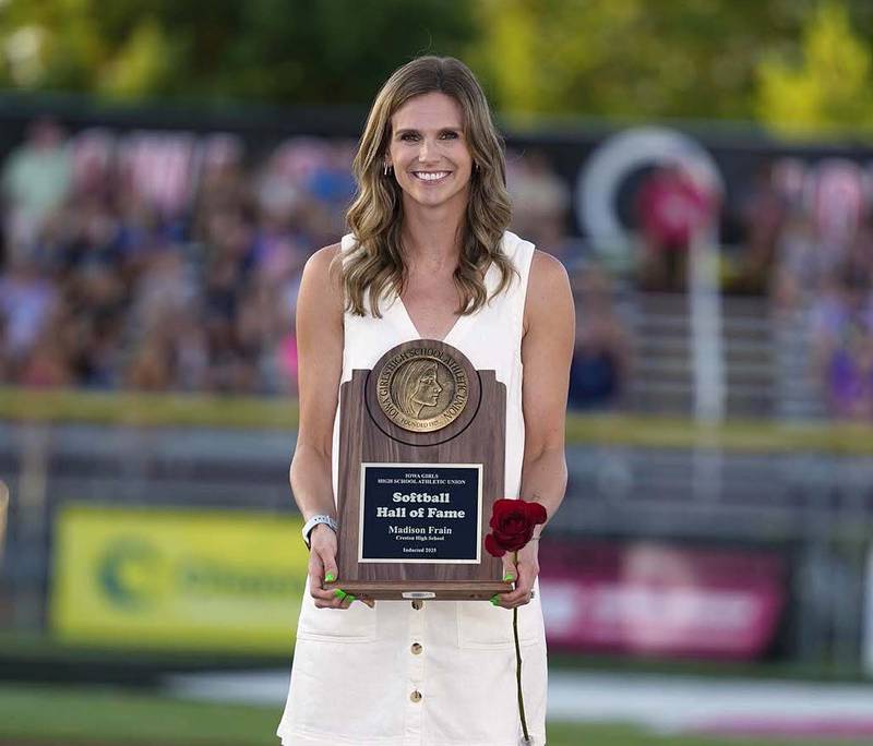 Madison (Frain) Peterson became Creston's first inductee in the Iowa Girls High School Athletic Union Softball Hall of Fame Thursday at the state tournament.
