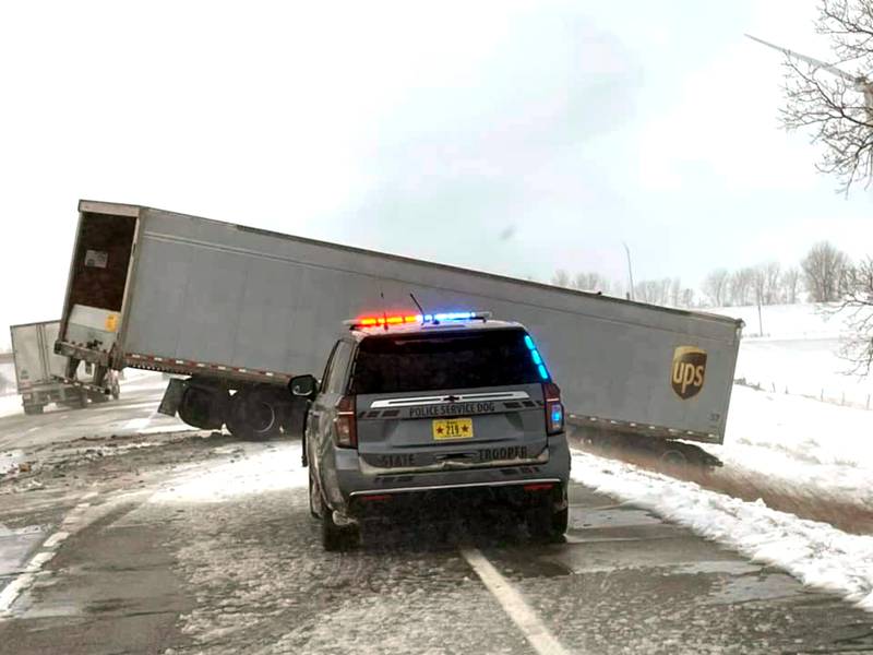 A semi jackknifed on Interstate 80, shown in this photo from Trooper Ryan DeVault, shows just how treacherous travel became during a blizzard Tuesday, March 4 and Wednesday, March 5 across the area.