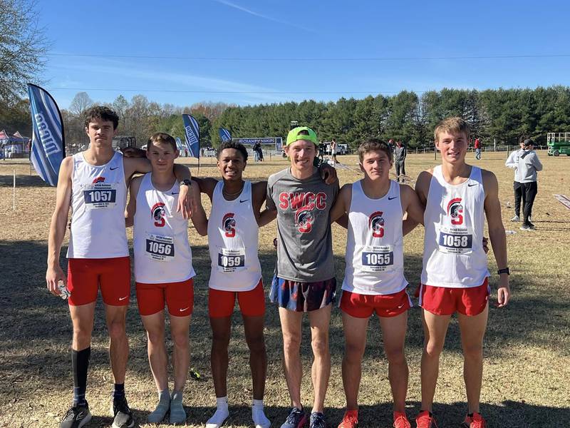 The Spartans cross country team competed Saturday at the NJCAA Division II Cross Country National Championships at Pole Green Park in Richmond, Virginia. The team placed 22nd out of 41 teams. From left: Zach Roome, Jacob Driskill, Cameron Swapsy, Coach Scott Vicker, Brandon Briley and Dillon Starlin.