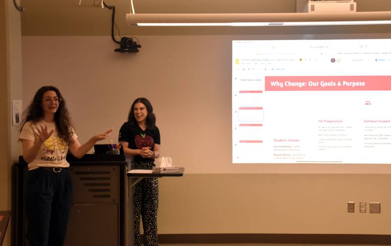 Creston Middle School teachers Sara Lane and Staci Kline explain to the CCSD school board why they want to switch back to letter grades for seventh and eighth grade.