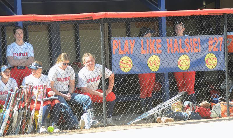 A “Play like Halsie! #27” banner hangs on the Southwestern dugout, honoring former SWCC softball player Halsie Barnes who died in a 2023 accident.