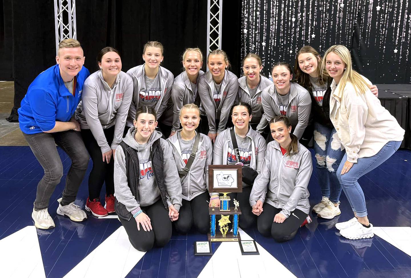The Southwestern Dazzlers competed in pom, jazz and hip hop. Front row, from left: Hailley Brown, Chloe Marlin, Taylor Beavers, Maria Groumoutis. Back row: Assistant Coach Bryce Newton, Mica Andreasen, Riley Jones, Emma Dorrell, Tegan Streit, Jadie Bowlsby, Haley Poage, Madilynn Marburger, Head Coach Paige Russo. Not Pictured: Kameryn Phelps